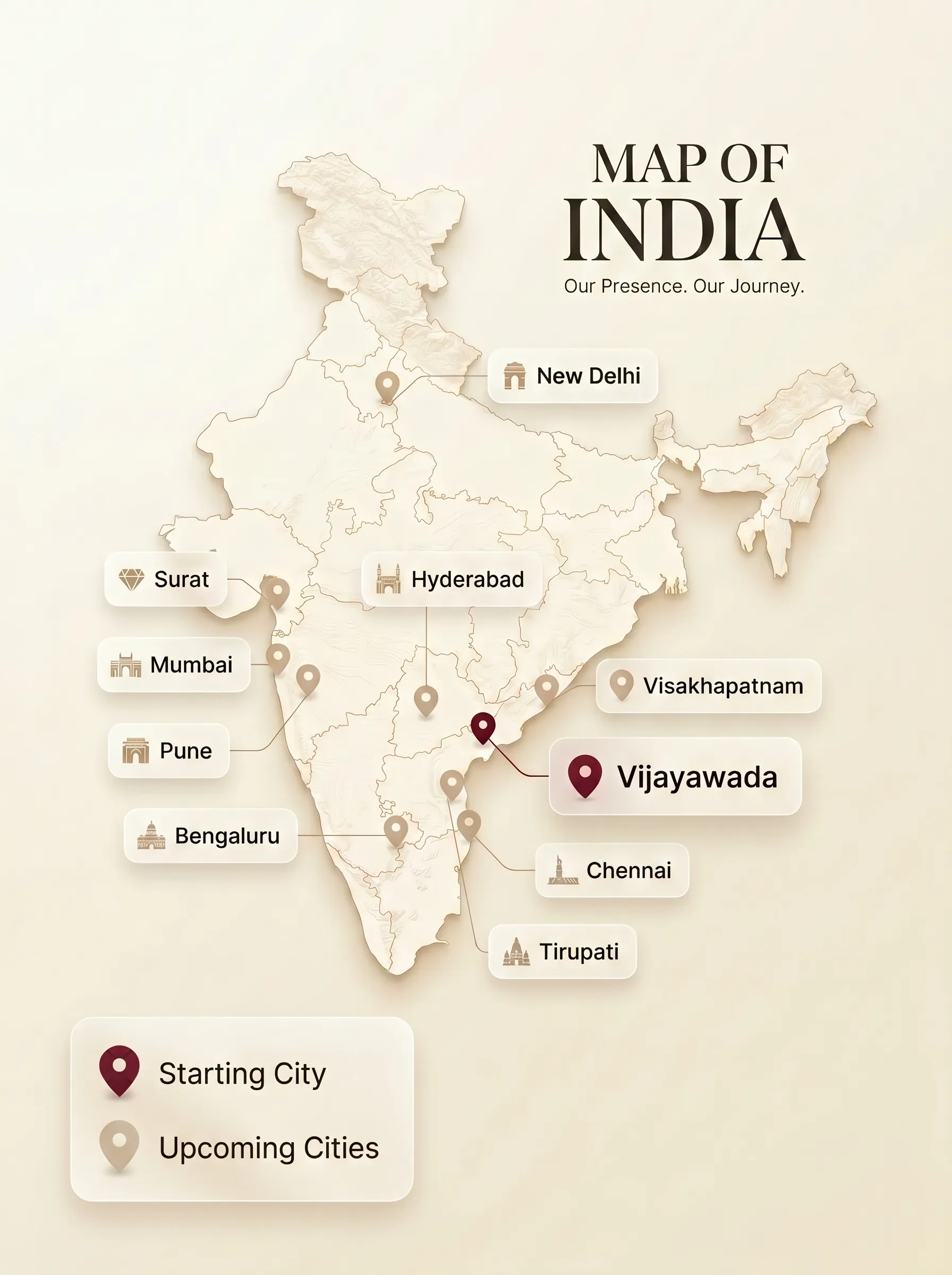 India footprint map showing planned launch cities across India — Vijayawada starting city, expansion to Bengaluru, Hyderabad, Chennai, Mumbai, Delhi, Kolkata and more