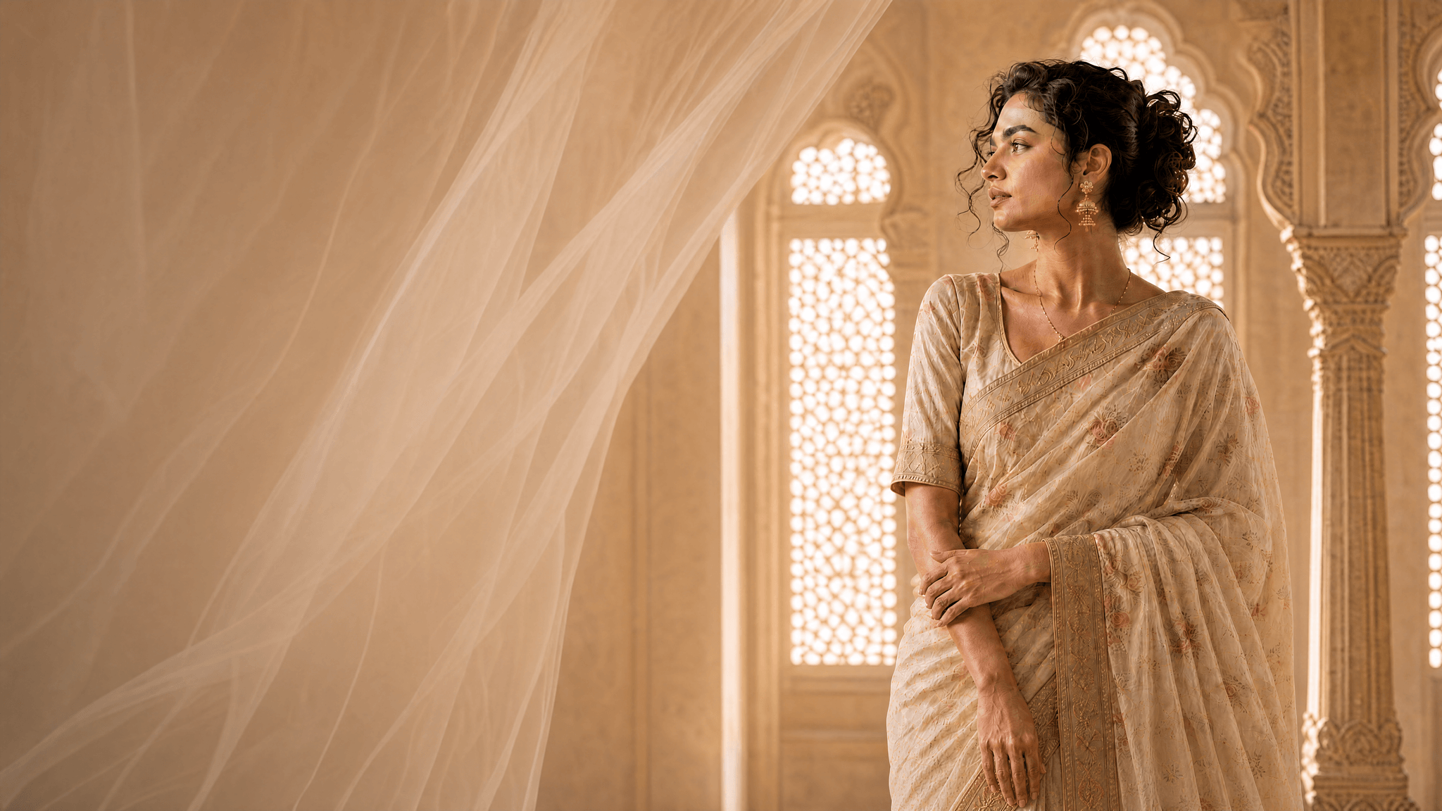 Elegant Indian woman in a cream-gold sari inside a warm luxury architectural interior